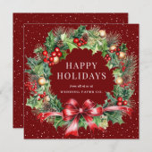 Red Botanical Wreath Snow Business Feestdagenkaart (Voorkant / Achterkant)