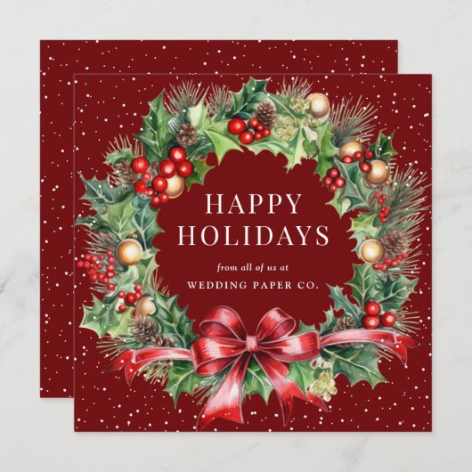 Red Botanical Wreath Snow Business Feestdagenkaart (Voorkant / Achterkant)