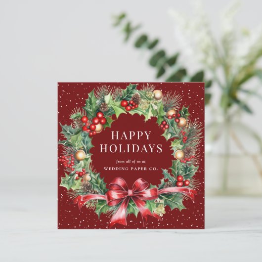Red Botanical Wreath Snow Business Feestdagenkaart (Staand voorkant)