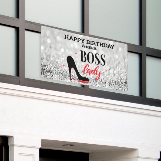 Red Bottom Stiletto Hiss Boss Lady Birthday Spandoek (Buitenkant Gebouw)