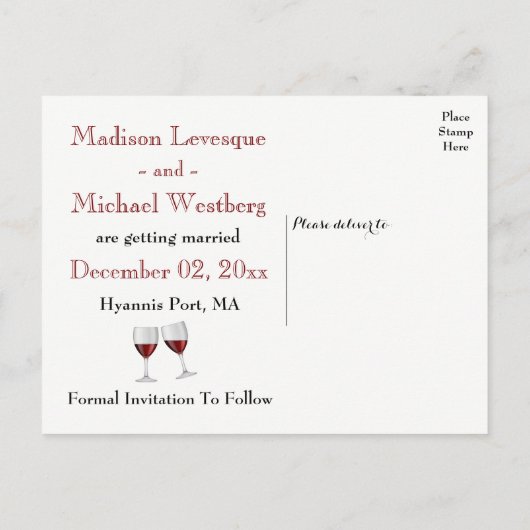 Red Bourgogne Save the Date Wijnbril Bruiloft Aankondigingskaart (Achterkant)