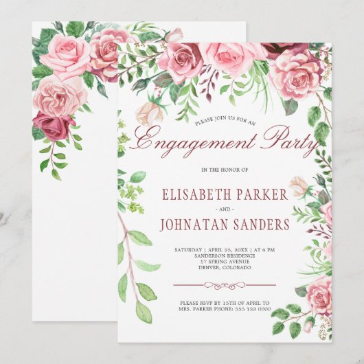 Red Bourgondië en Blush Pink Roses Verlovingsfeest Kaart (Voorkant / Achterkant)