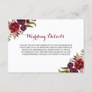 Red Bourgondië Floral bruiloft receptie Details Informatiekaartje