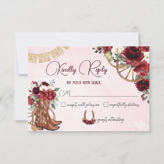 Red Bourgondië Floral Charro West Quinceañera Reag RSVP Kaartje (Voorkant)