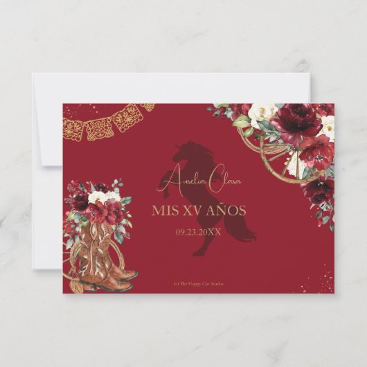 Red Bourgondië Floral Charro West Quinceañera Reag RSVP Kaartje (Achterkant)