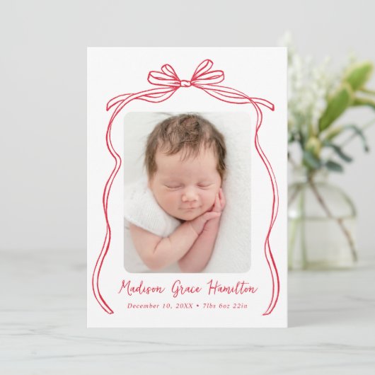  Red Bow 2 Foto Geboorte Aankondiging (Staand voorkant)