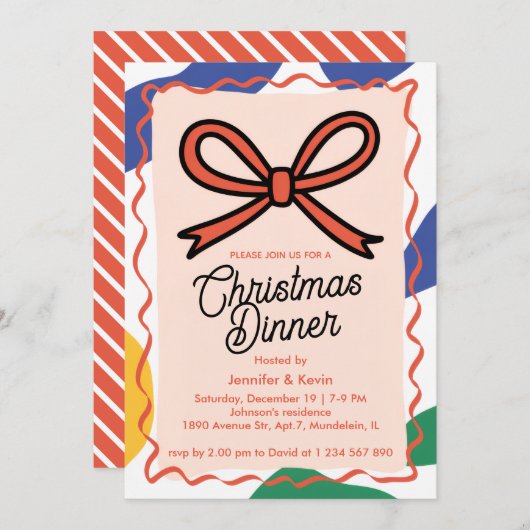 Red Bow Abstract kerstdiner Feestdagenkaart (Voorkant / Achterkant)