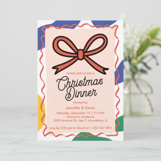Red Bow Abstract kerstdiner Feestdagenkaart (Staand voorkant)