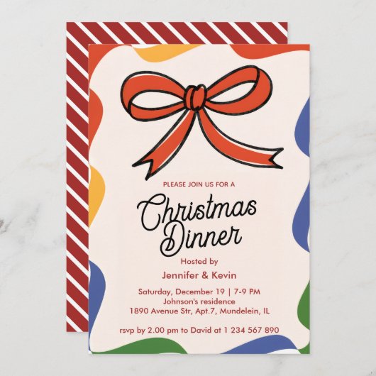 Red Bow Abstracte moderne kerstdinerUitnodiging Feestdagenkaart (Voorkant / Achterkant)