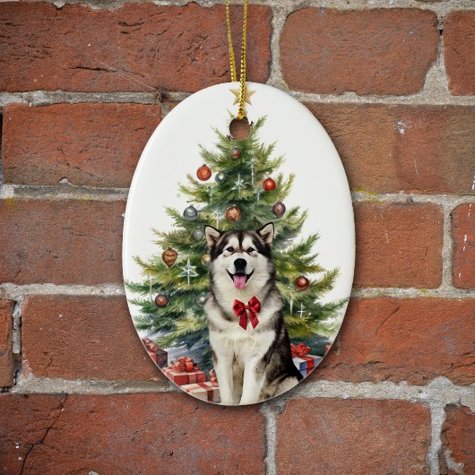 Red Bow Alaskan Malamute Hondenkerst Keramisch Ornament