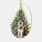 Red Bow Alaskan Malamute Hondenkerst Keramisch Ornament (Links)