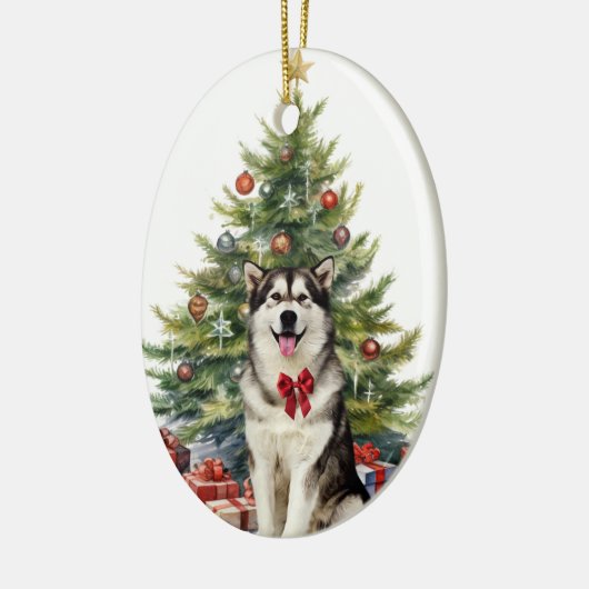 Red Bow Alaskan Malamute Hondenkerst Keramisch Ornament (Links)