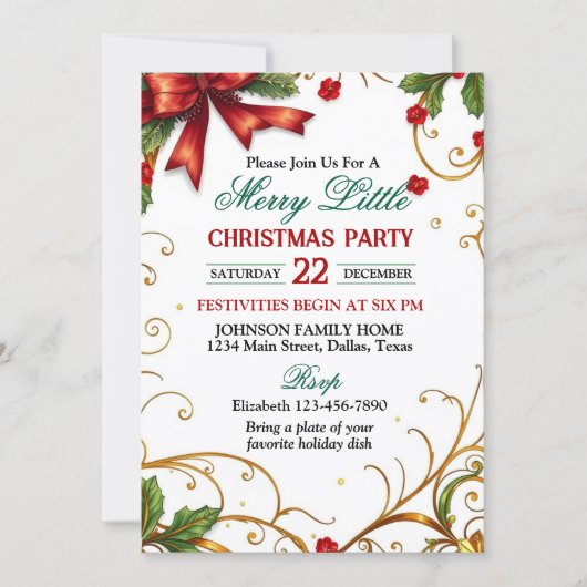 Red Bow and Ornate Gold Border Christmas Party Kaart (Voorkant)