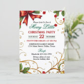 Red Bow and Ornate Gold Border Christmas Party Kaart (Staand voorkant)