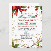 Red Bow and Ornate Gold Border Christmas Party Kaart (Voorkant / Achterkant)