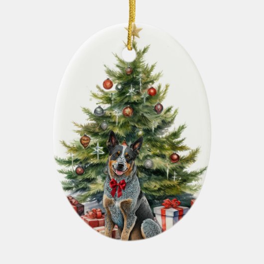 Red Bow Australische vee hond Kerstmis Keramisch Ornament (Voorkant)