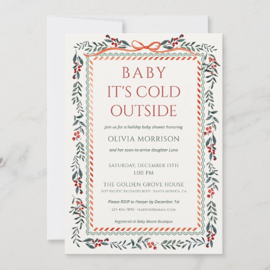 Red Bow Baby It's Cold Outside Baby Shower Kaart (Voorkant)