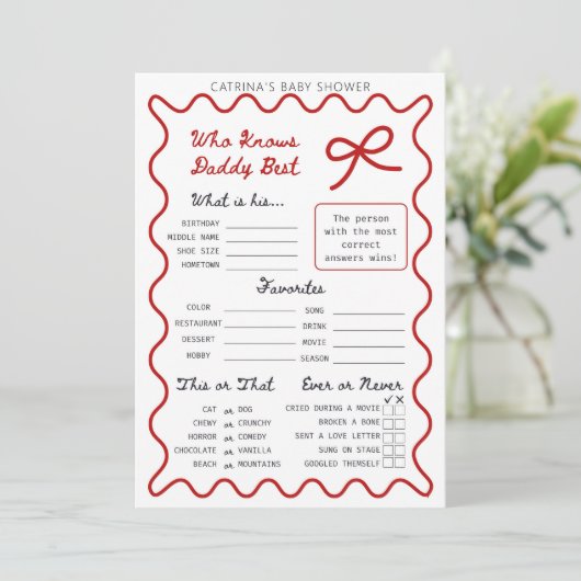 Red Bow Baby shower - Bewerkbare naam, 5x7 Invitat Kaart (Staand voorkant)