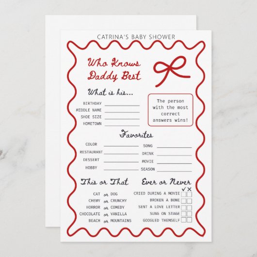 Red Bow Baby shower - Bewerkbare naam, 5x7 Invitat Kaart (Voorkant / Achterkant)