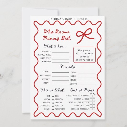 Red Bow Baby shower - Bewerkbare naam, 5x7 Invitat Kaart (Voorkant)
