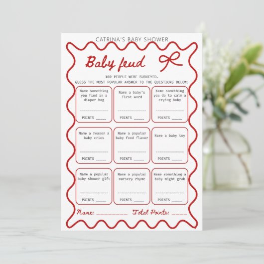 Red Bow Baby shower - bewerkbare naam, 5x7 Kaart (Staand voorkant)
