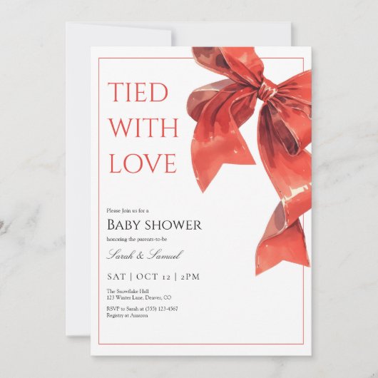 Red Bow Baby shower Uitnodiging Gekoppeld Met Lief (Voorkant)