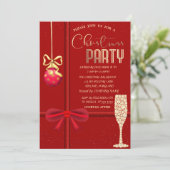 Red Bow, Ball, Champagne Glass Kerstbedrijf Kaart (Staand voorkant)