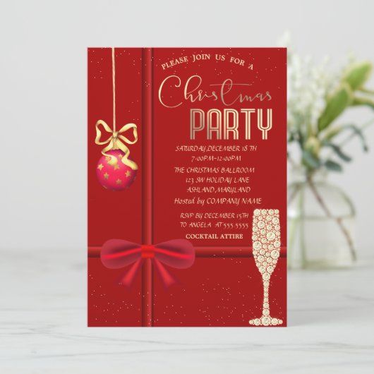 Red Bow, Ball, Champagne Glass Kerstbedrijf Kaart (Staand voorkant)