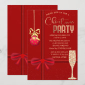 Red Bow, Ball, Champagne Glass Kerstbedrijf Kaart (Voorkant / Achterkant)
