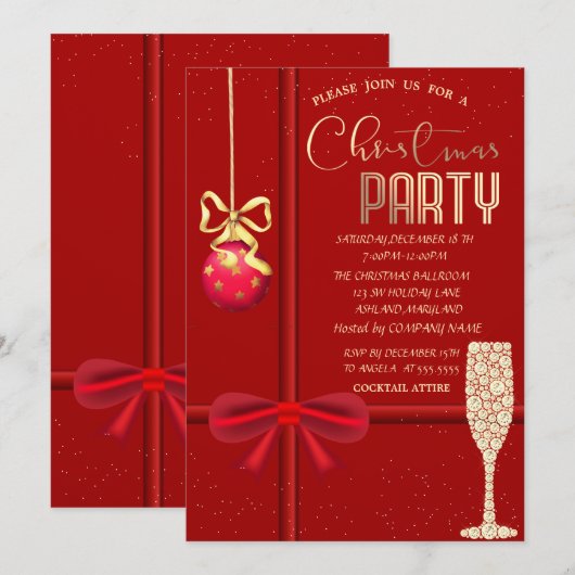 Red Bow, Ball, Champagne Glass Kerstbedrijf Kaart (Voorkant / Achterkant)