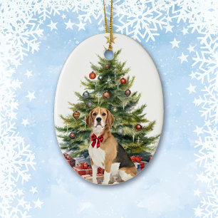 Red Bow Beagle Hound Dog Christmas Keramisch Ornament