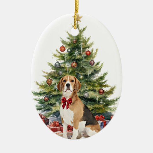 Red Bow Beagle Hound Dog Christmas Keramisch Ornament (Voorkant)