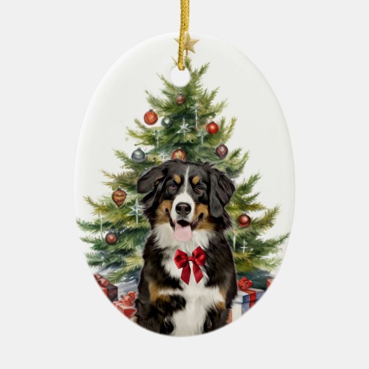 Red Bow Berner Berg Hond Kerstmis Keramisch Ornament (Voorkant)