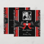 Red Bow Birthday Black Silver Foto Kaart (Voorkant / Achterkant)