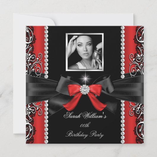 Red Bow Birthday Black Silver Foto Kaart (Voorkant)