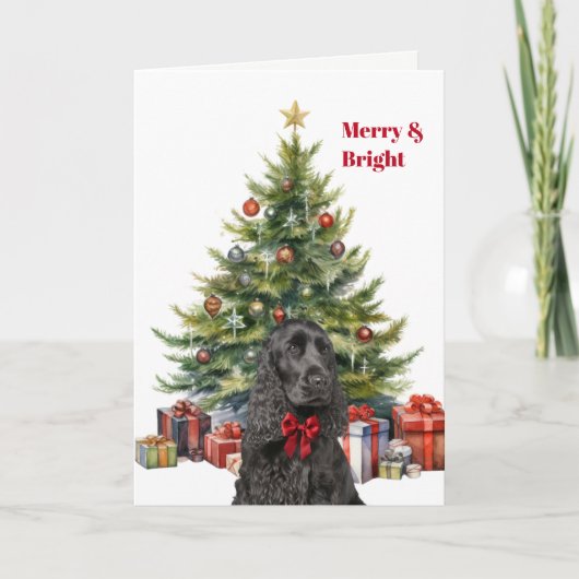 Red Bow Black Cocker Spaniel Dog Christmas Tree Feestdagen Kaart (Voorkant)
