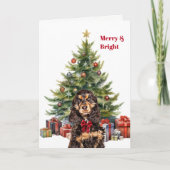 Red Bow Black Tan Cocker Spaniel Christmas Tree Feestdagen Kaart (Voorkant)