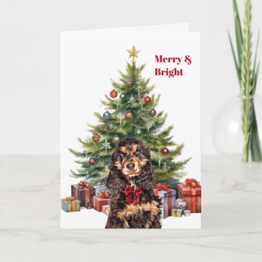 Red Bow Black Tan Cocker Spaniel Christmas Tree Feestdagen Kaart (Voorkant)