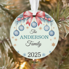 Red Bow Blue Ornaments Family Name 2025 Christmas Ornament