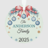 Red Bow Blue Ornaments Family Name 2025 Christmas Ornament (achterkant)