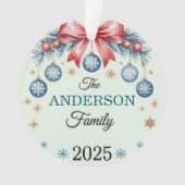 Red Bow Blue Ornaments Family Name 2025 Christmas Ornament (voorkant)