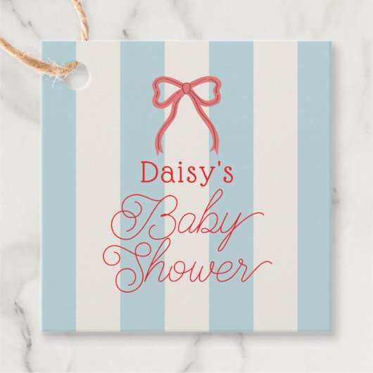 Red Bow & Blue Stripes Baby Shower Bedankjes Labels (Voorkant)