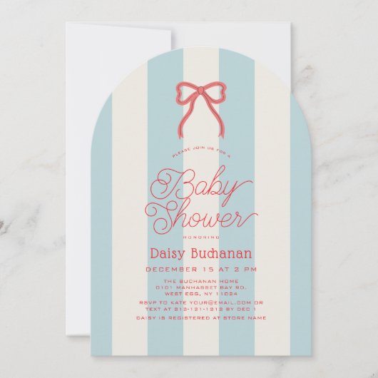 Red Bow & Blue Stripes Baby Shower Kaart (Voorkant)