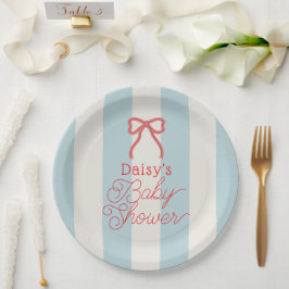 Red Bow & Blue Stripes Baby Shower Papieren Bordje