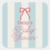 Red Bow & Blue Stripes Baby Shower Vierkante Sticker (Voorkant)