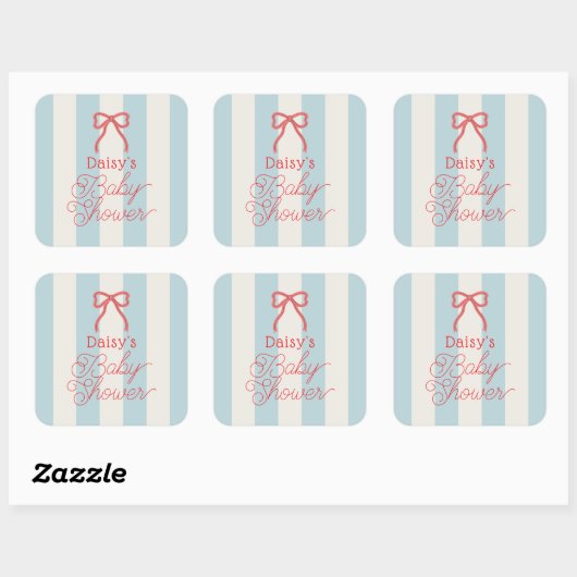 Red Bow & Blue Stripes Baby Shower Vierkante Sticker (Vel)