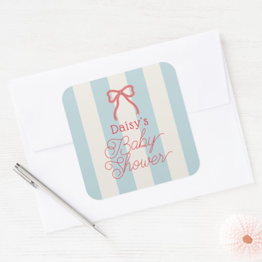 Red Bow & Blue Stripes Baby Shower Vierkante Sticker (Envelop)
