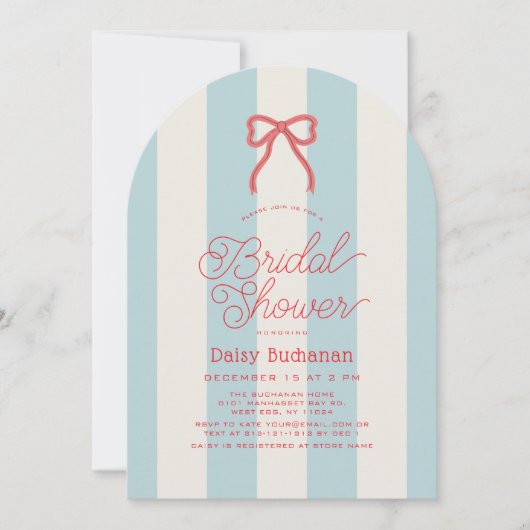 Red Bow & Blue Stripes Bridal Shower Kaart (Voorkant)