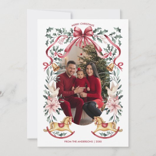 Red Bow Botanical Christmas Rocking Horse Foto Feestdagenkaart (Voorkant)