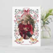 Red Bow Botanical Christmas Rocking Horse Foto Feestdagenkaart (Staand voorkant)